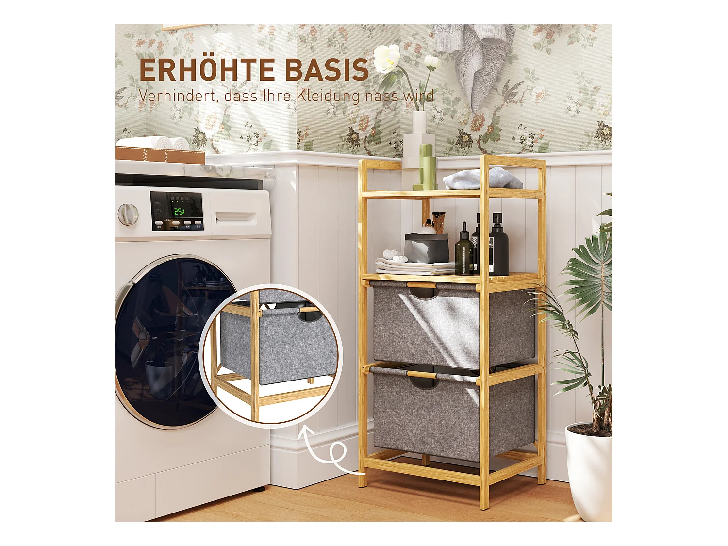 Dubbele wasmand met open planken, natuurlijk bamboe en stof, natuurlijke kleur (44x34x96cm)