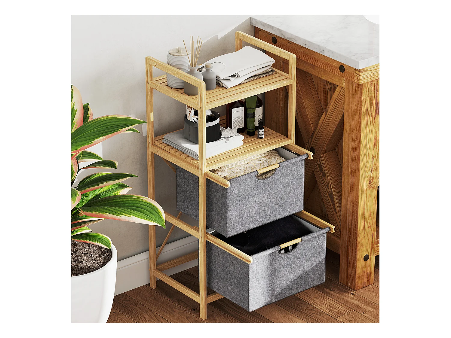 Dubbele wasmand met open planken, natuurlijk bamboe en stof, natuurlijke kleur (44x34x96cm)