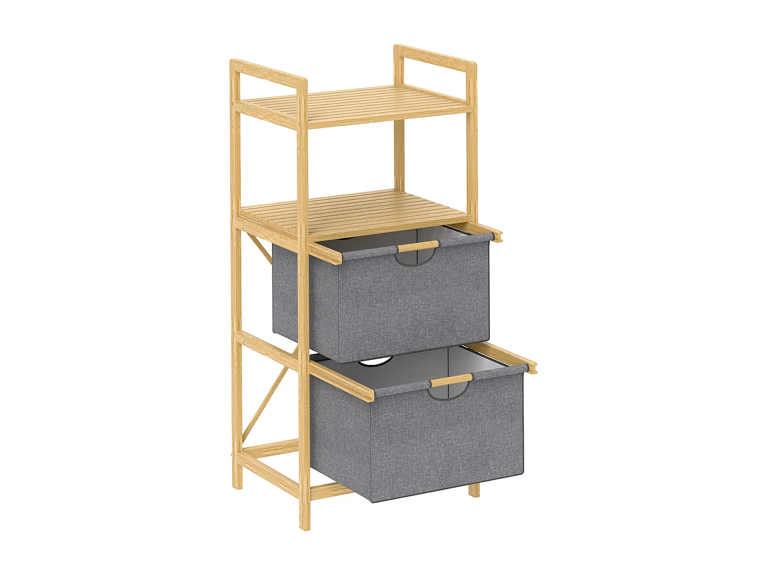 Panier à linge double avec étagères ouvertes, bambou naturel et tissu, couleur naturelle (44x34x96cm)