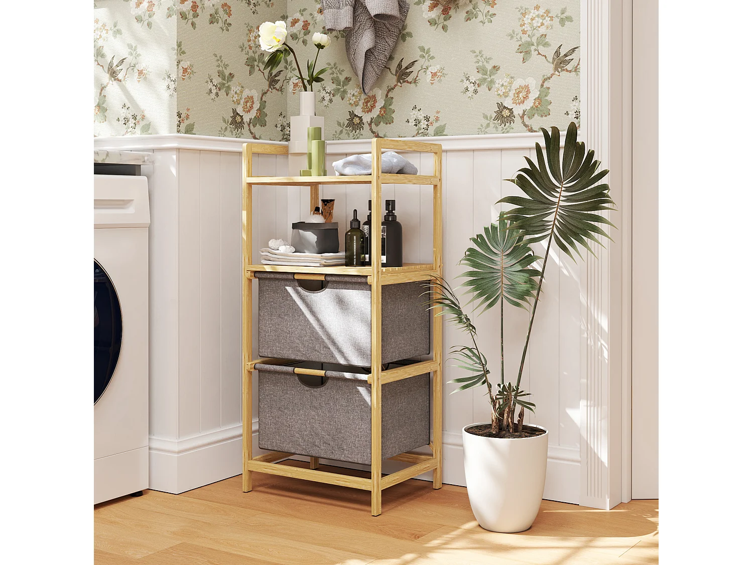 Panier à linge double avec étagères ouvertes, bambou naturel et tissu, couleur naturelle (44x34x96cm)