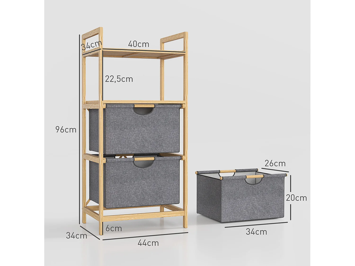 Panier à linge double avec étagères ouvertes, bambou naturel et tissu, couleur naturelle (44x34x96cm)