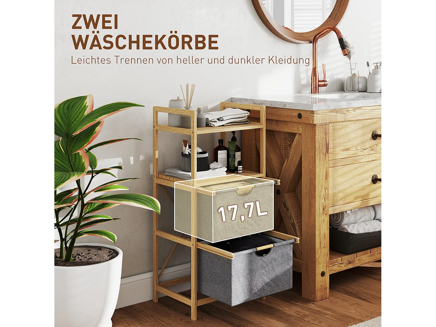 Panier à linge double avec étagères ouvertes, bambou naturel et tissu, couleur naturelle (44x34x96cm)