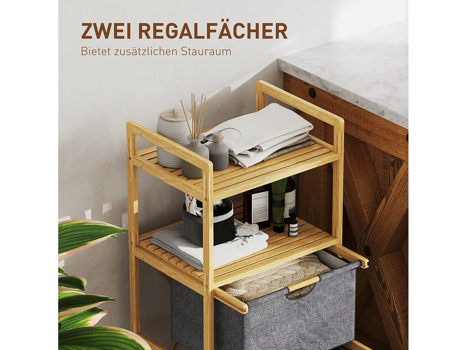 Panier à linge double avec étagères ouvertes, bambou naturel et tissu, couleur naturelle (44x34x96cm)