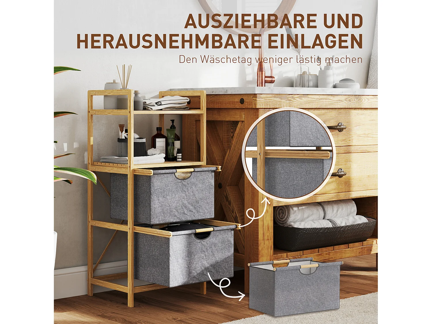 Panier à linge double avec étagères ouvertes, bambou naturel et tissu, couleur naturelle (44x34x96cm)