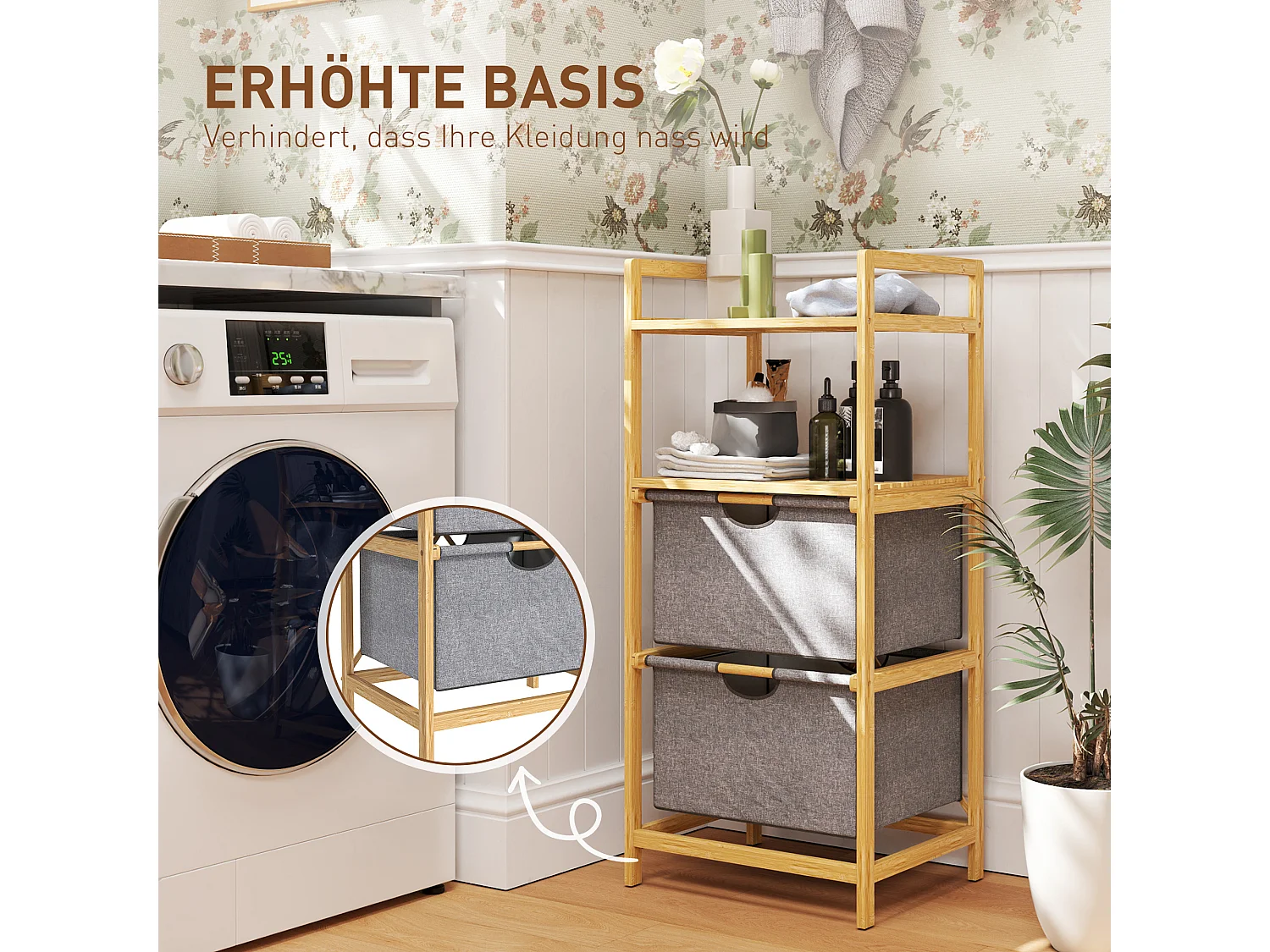 Panier à linge double avec étagères ouvertes, bambou naturel et tissu, couleur naturelle (44x34x96cm)