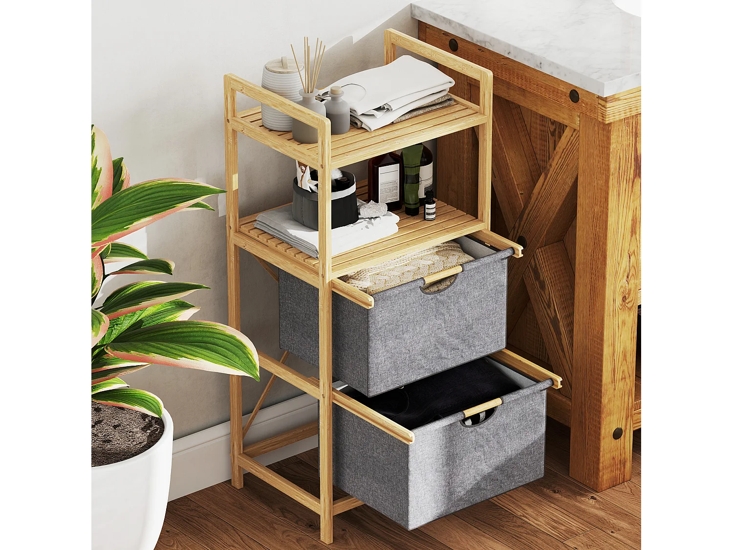 Panier à linge double avec étagères ouvertes, bambou naturel et tissu, couleur naturelle (44x34x96cm)