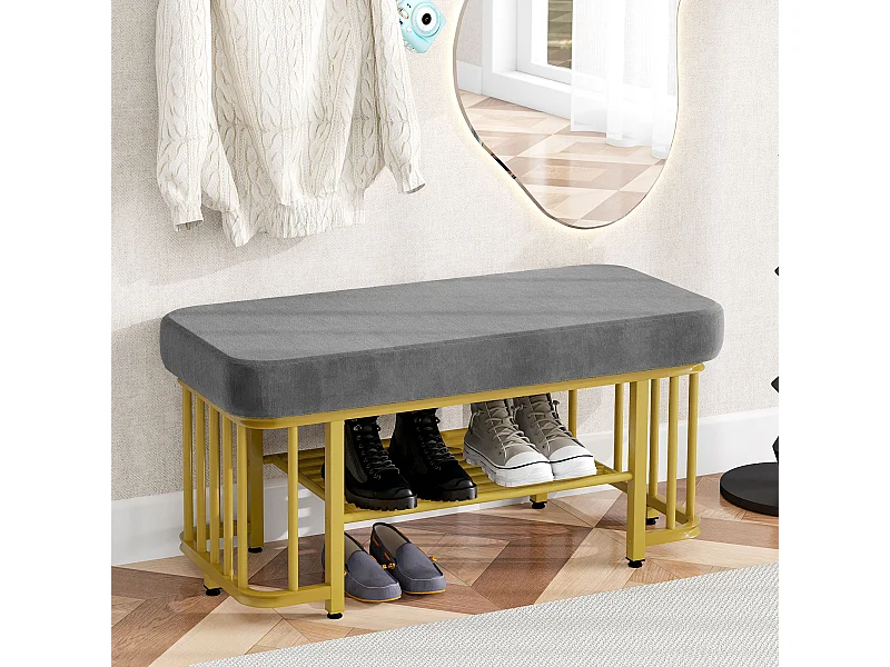 Banquette moderne pour chaussures avec assise en velours et cadre en métal, pieds ajustables, design compact, gris et or (80x35x39.5 cm)