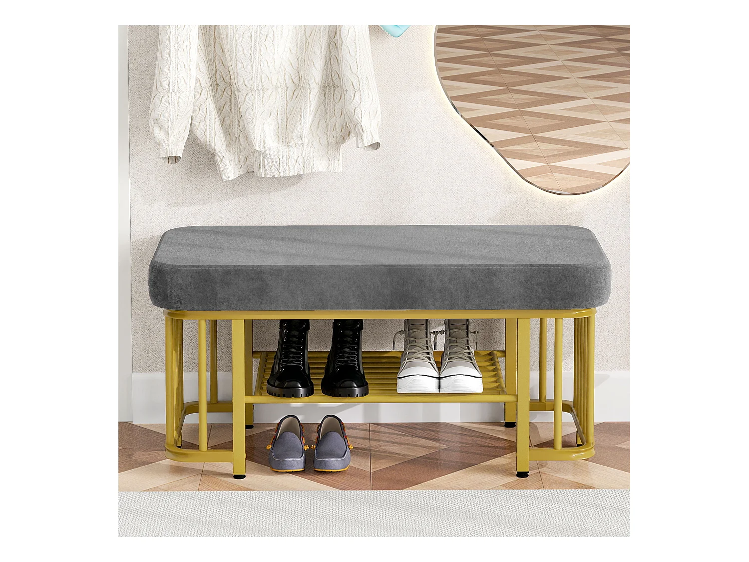 Banquette moderne pour chaussures avec assise en velours et cadre en métal, pieds ajustables, design compact, gris et or (80x35x39.5 cm)