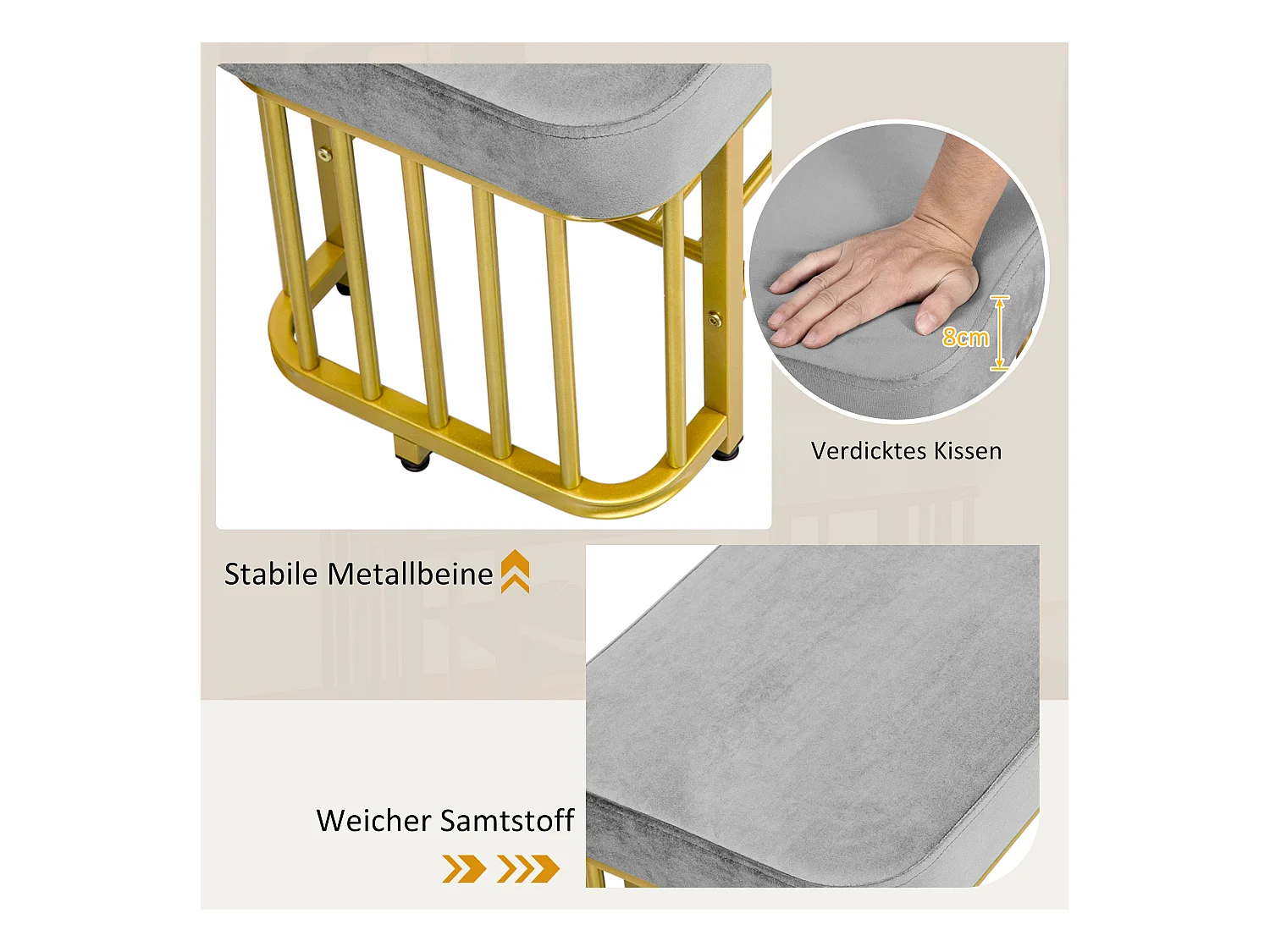 Banquette moderne pour chaussures avec assise en velours et cadre en métal, pieds ajustables, design compact, gris et or (80x35x39.5 cm)