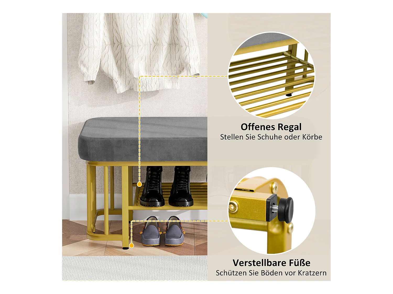 Banquette moderne pour chaussures avec assise en velours et cadre en métal, pieds ajustables, design compact, gris et or (80x35x39.5 cm)
