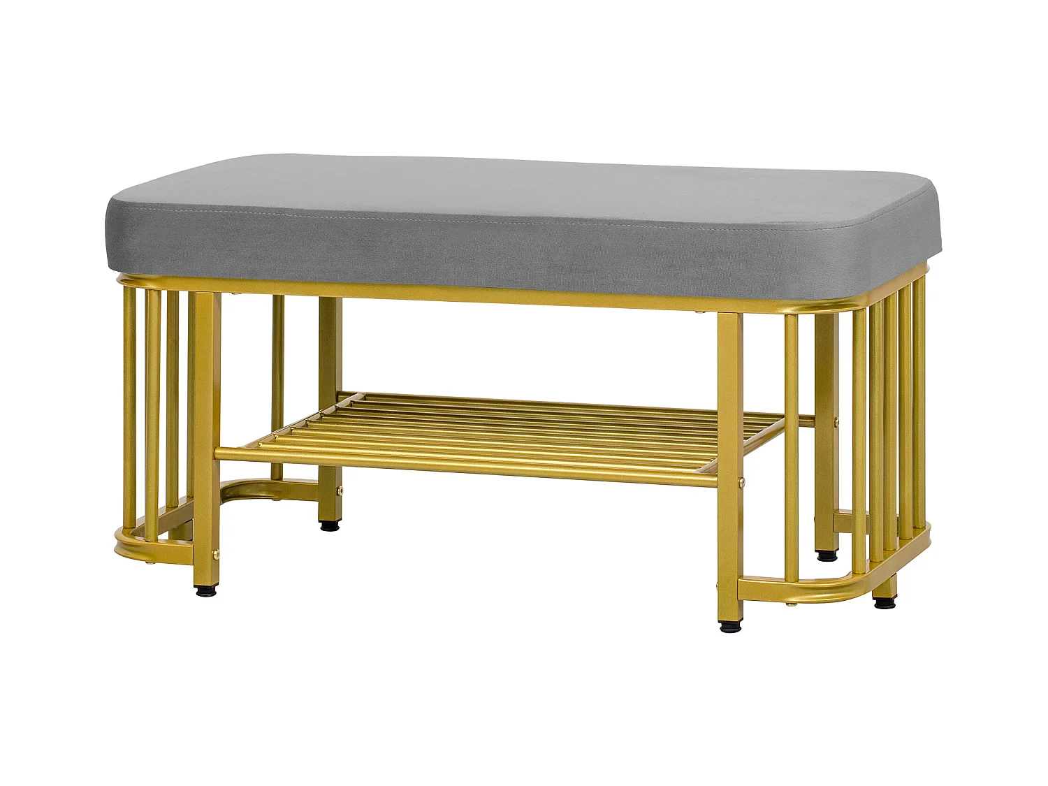 Banquette moderne pour chaussures avec assise en velours et cadre en métal, pieds ajustables, design compact, gris et or (80x35x39.5 cm)