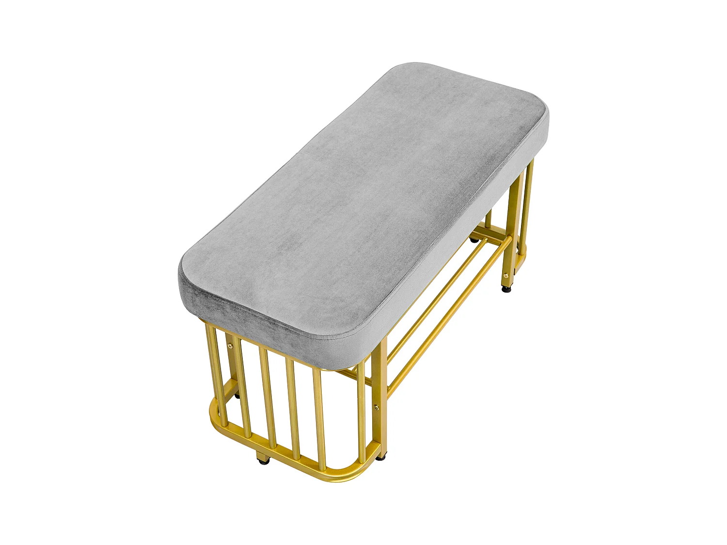 Banquette moderne pour chaussures avec assise en velours et cadre en métal, pieds ajustables, design compact, gris et or (80x35x39.5 cm)