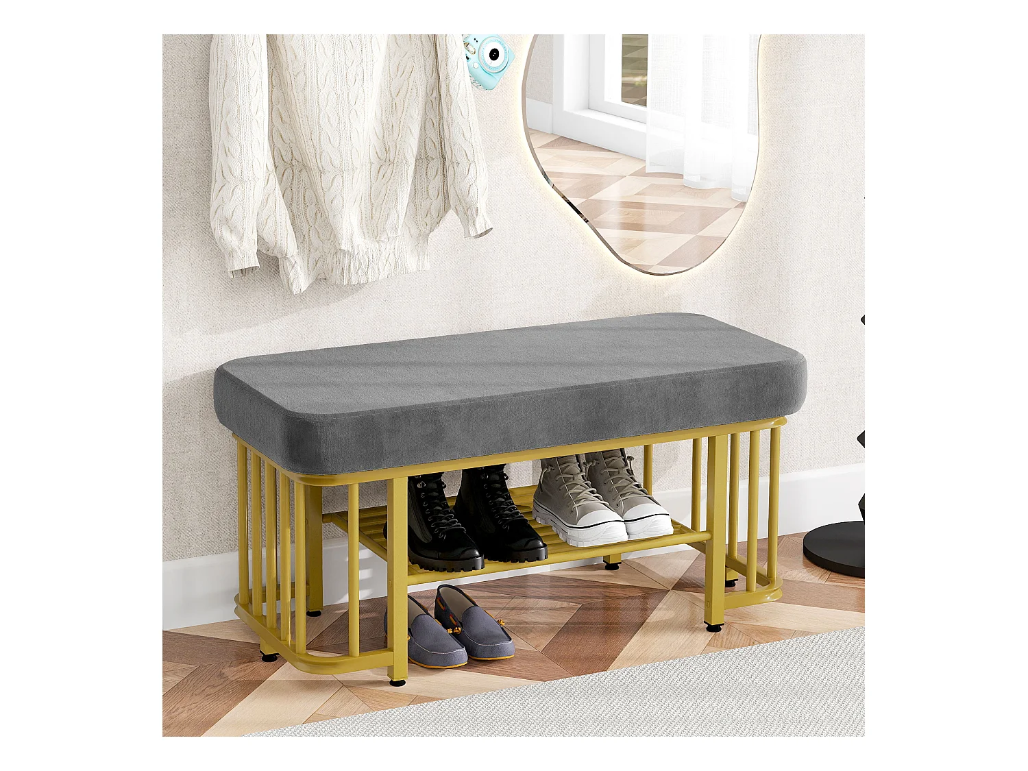 Banquette moderne pour chaussures avec assise en velours et cadre en métal, pieds ajustables, design compact, gris et or (80x35x39.5 cm)