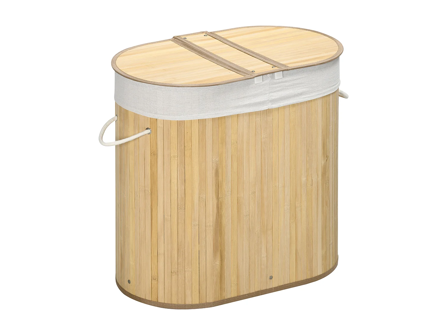 Wasmand met deksel, 2 uitneembare compartimenten, natuurlijk bamboe, georganiseerd en geventileerd (62,5 x 37 x 60,5 cm)