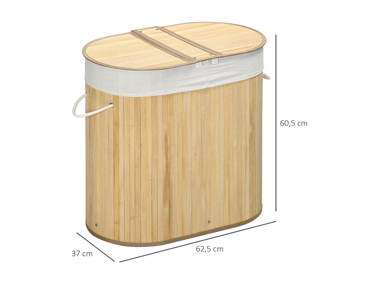 Wasmand met deksel, 2 uitneembare compartimenten, natuurlijk bamboe, georganiseerd en geventileerd (62,5 x 37 x 60,5 cm)