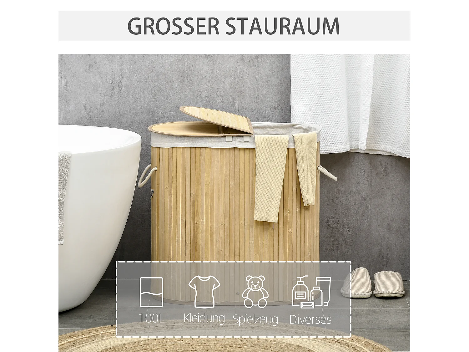 Wasmand met deksel, 2 uitneembare compartimenten, natuurlijk bamboe, georganiseerd en geventileerd (62,5 x 37 x 60,5 cm)