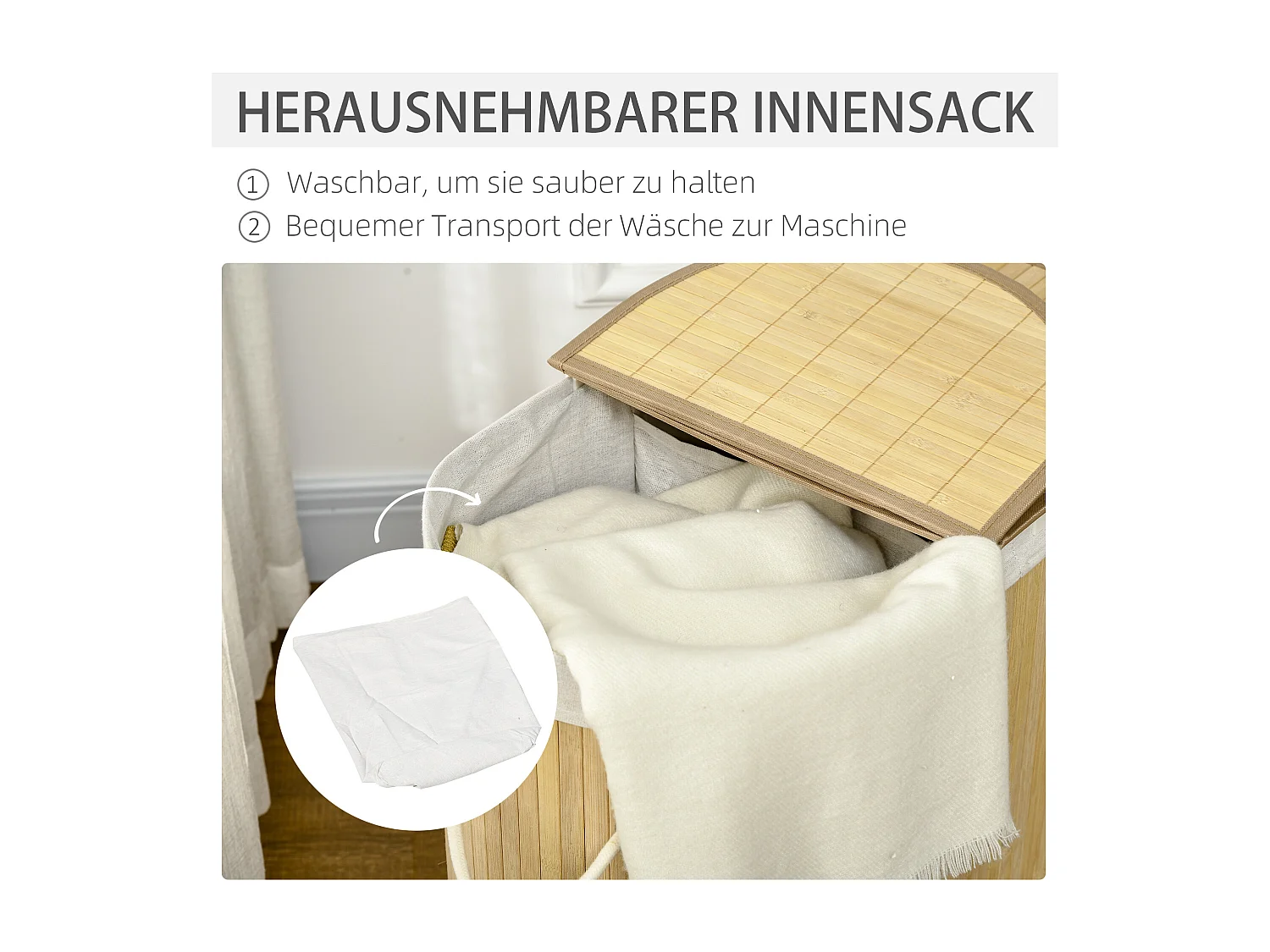 Wasmand met deksel, 2 uitneembare compartimenten, natuurlijk bamboe, georganiseerd en geventileerd (62,5 x 37 x 60,5 cm)