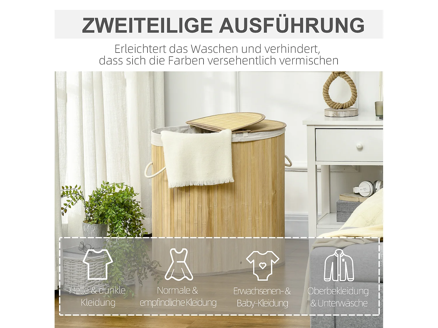 Wasmand met deksel, 2 uitneembare compartimenten, natuurlijk bamboe, georganiseerd en geventileerd (62,5 x 37 x 60,5 cm)