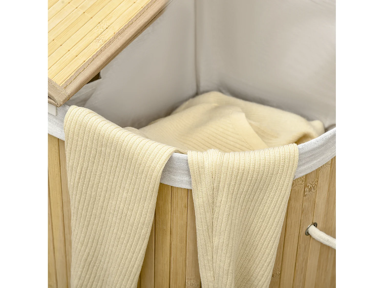 Wasmand met deksel, 2 uitneembare compartimenten, natuurlijk bamboe, georganiseerd en geventileerd (62,5 x 37 x 60,5 cm)