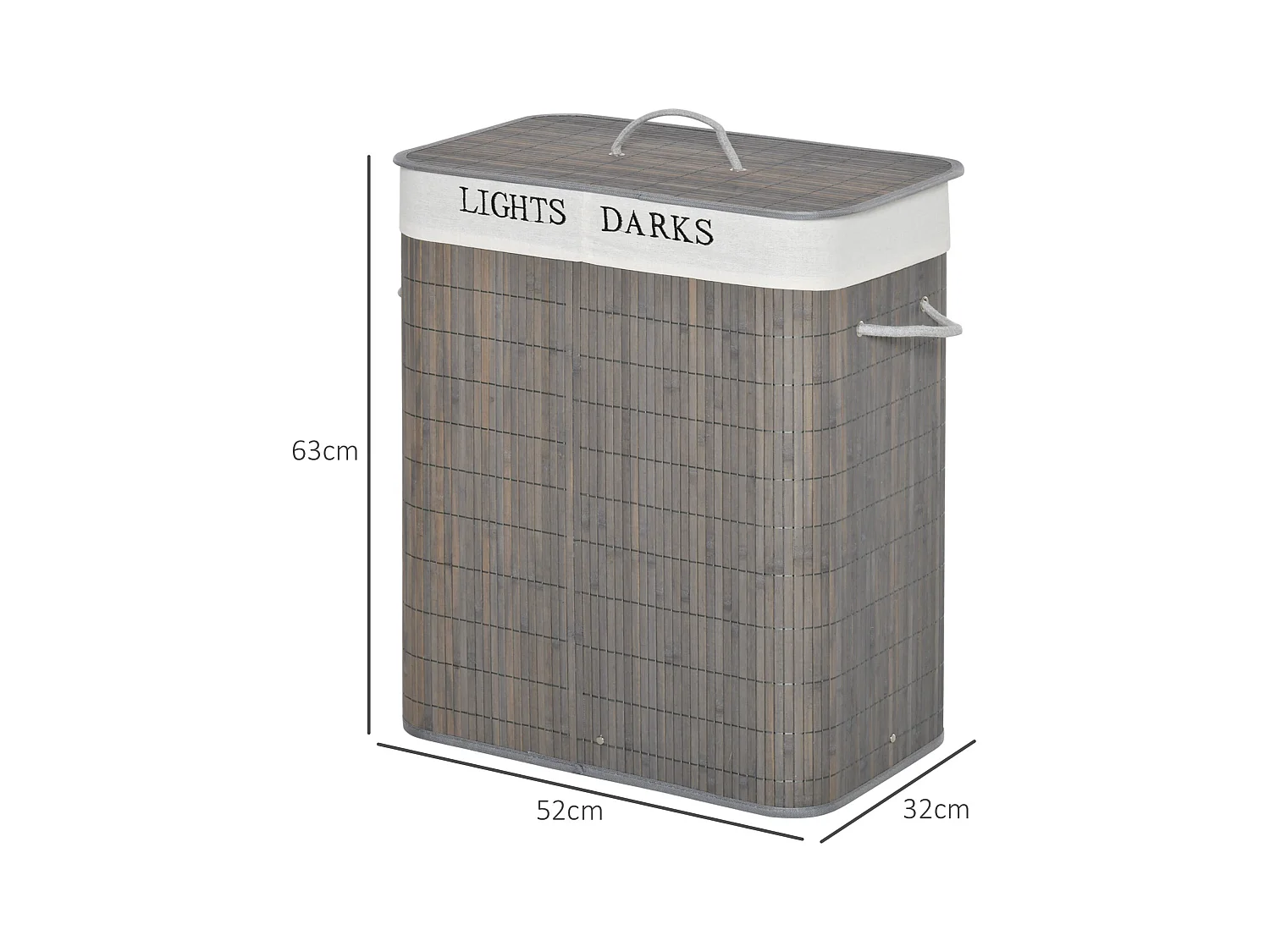Panier à linge 100L avec 2 compartiments, bambou, gris (52x32x63 cm)