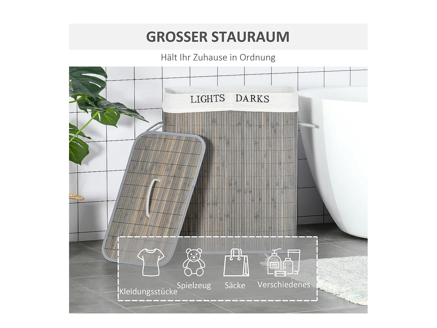Panier à linge 100L avec 2 compartiments, bambou, gris (52x32x63 cm)