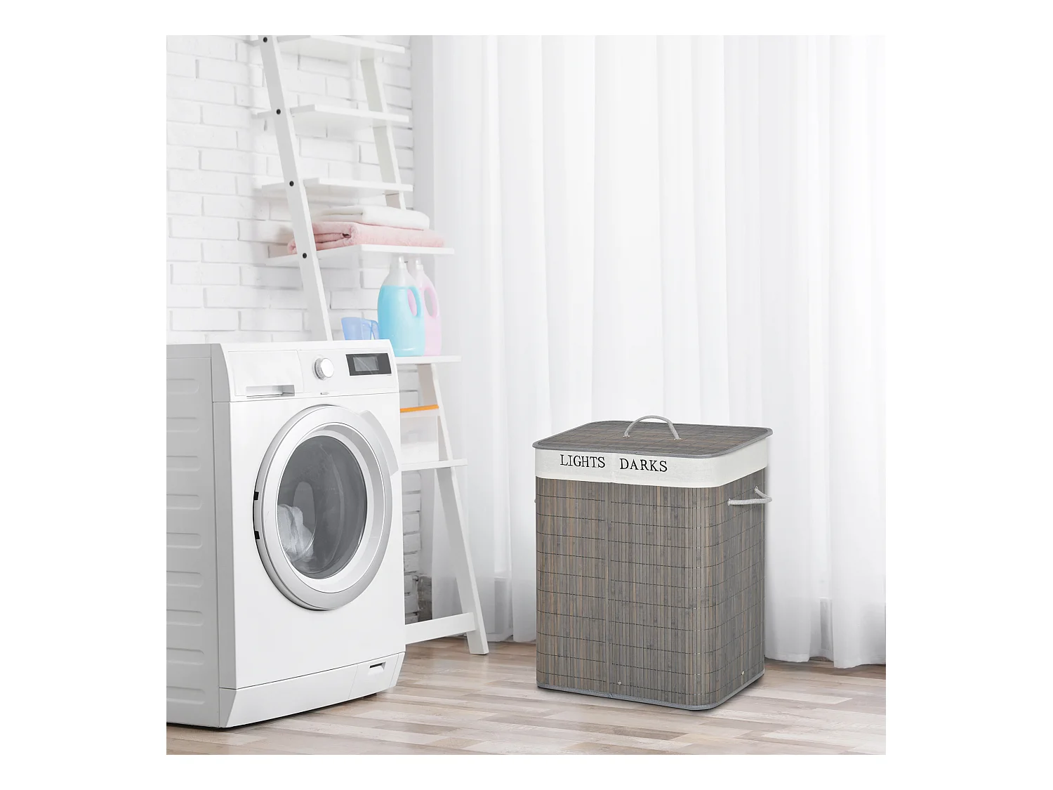 Panier à linge 100L avec 2 compartiments, bambou, gris (52x32x63 cm)