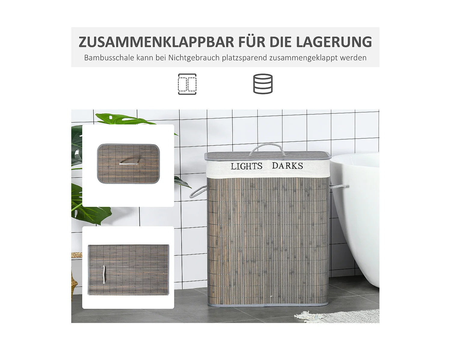 Panier à linge 100L avec 2 compartiments, bambou, gris (52x32x63 cm)