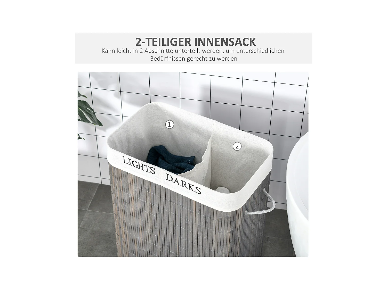 Panier à linge 100L avec 2 compartiments, bambou, gris (52x32x63 cm)