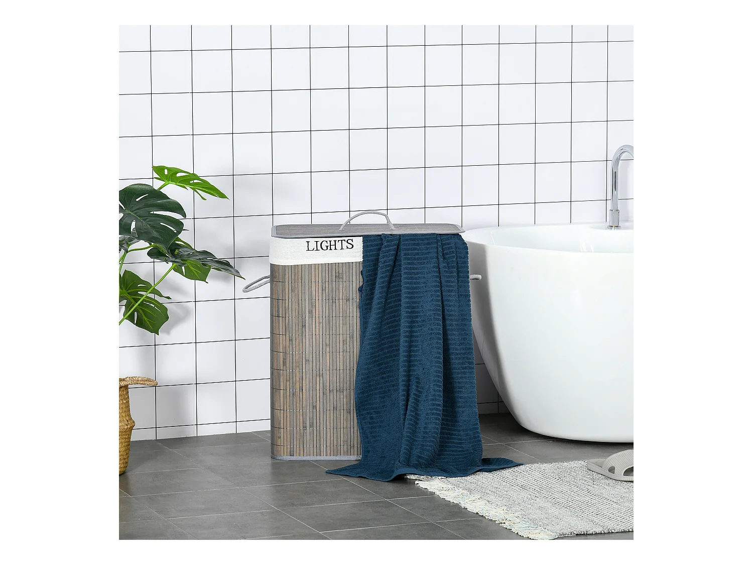 Panier à linge 100L avec 2 compartiments, bambou, gris (52x32x63 cm)