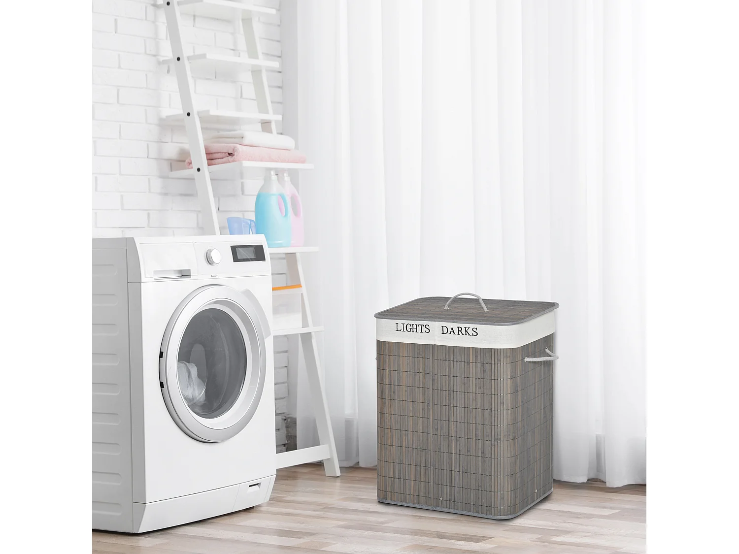 Panier à linge 100L avec 2 compartiments, bambou, gris (52x32x63 cm)