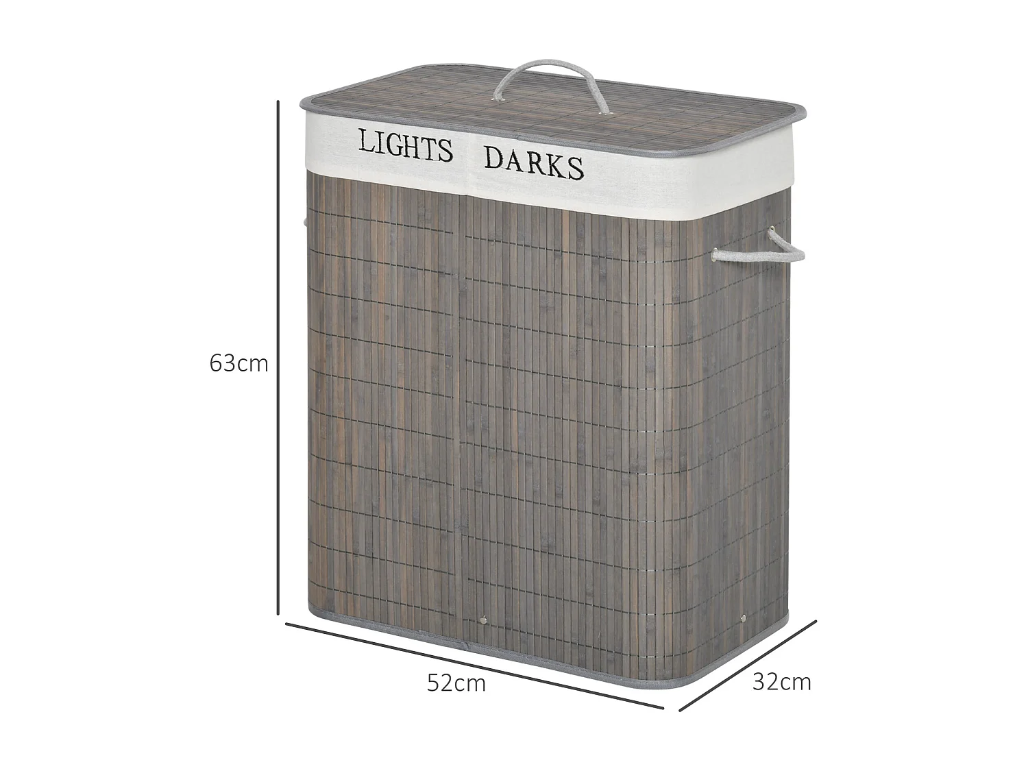 Panier à linge 100L avec 2 compartiments, bambou, gris (52x32x63 cm)