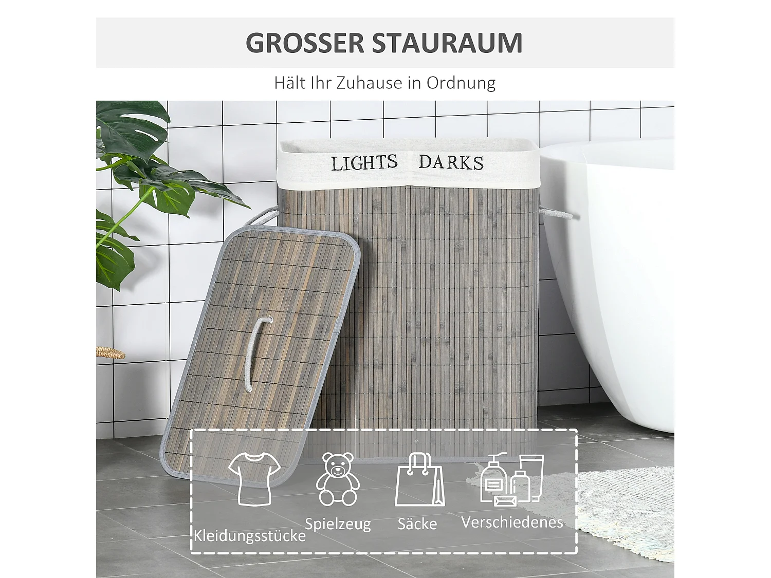 Panier à linge 100L avec 2 compartiments, bambou, gris (52x32x63 cm)