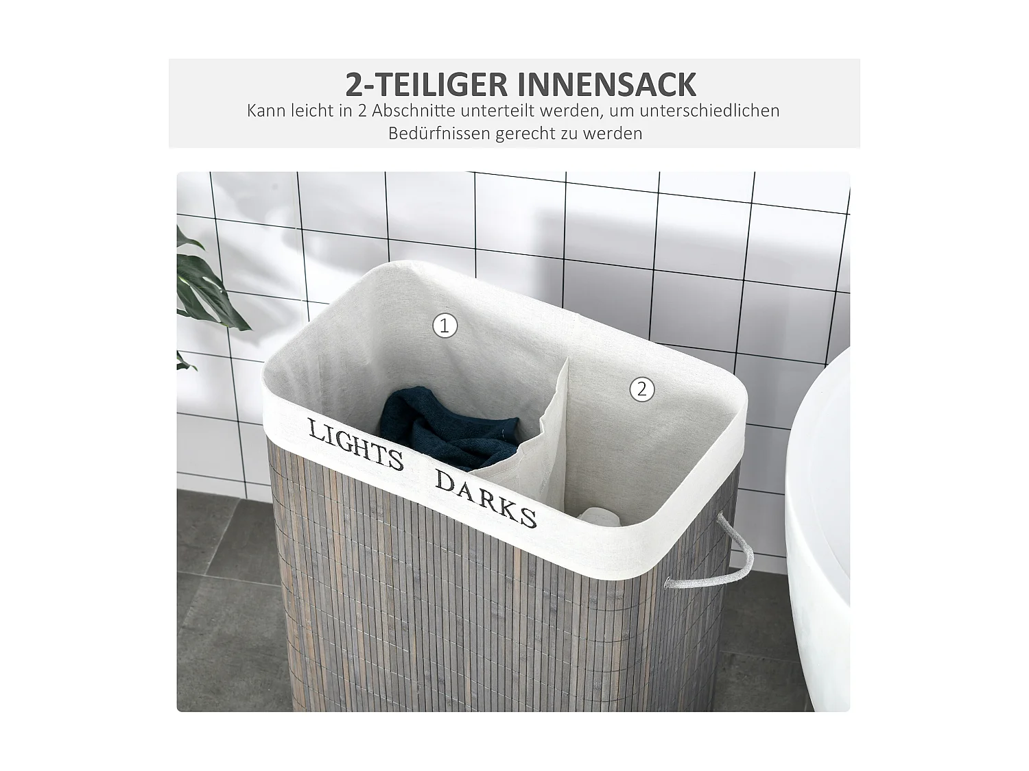 Panier à linge 100L avec 2 compartiments, bambou, gris (52x32x63 cm)
