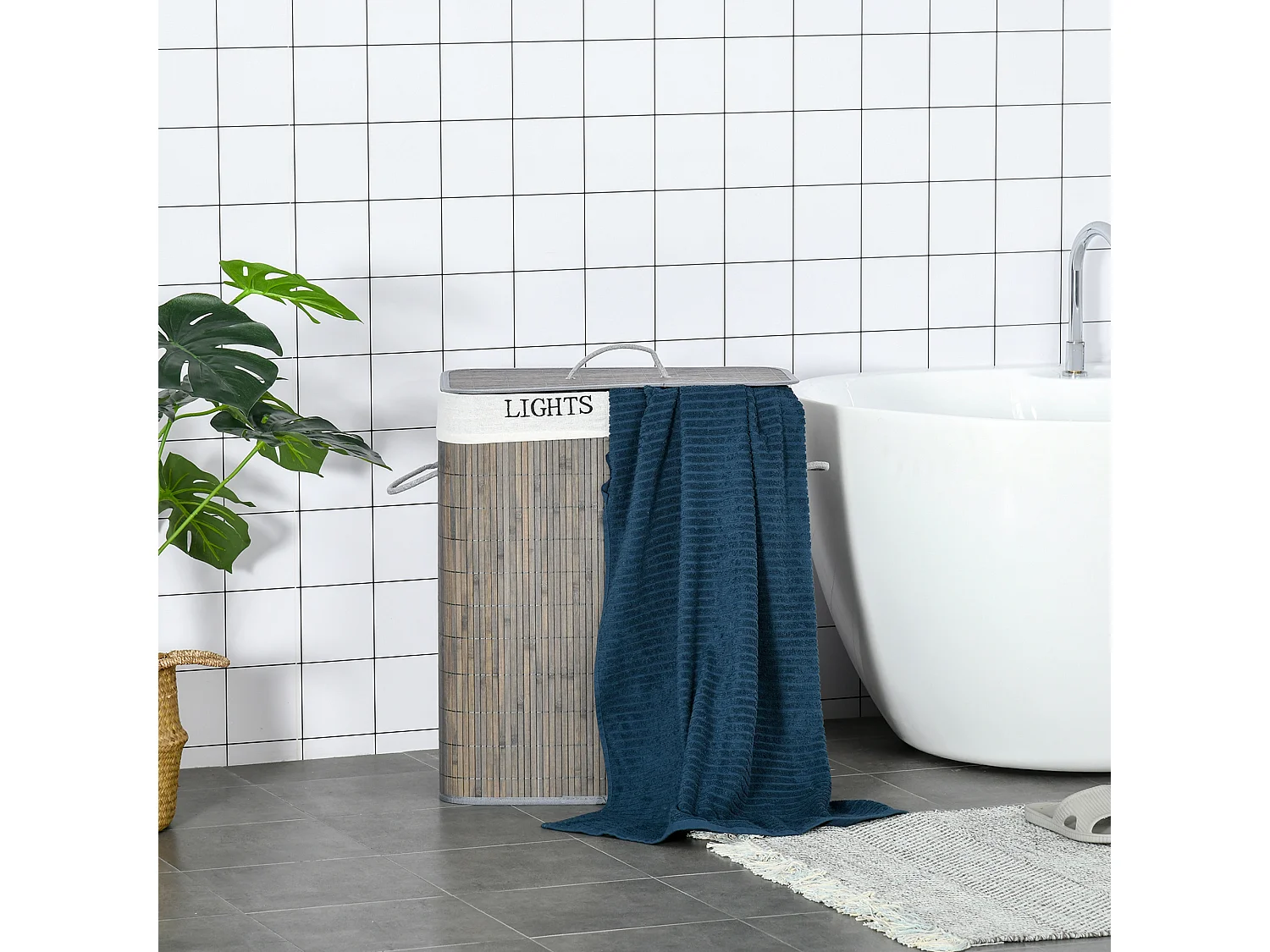 Panier à linge 100L avec 2 compartiments, bambou, gris (52x32x63 cm)