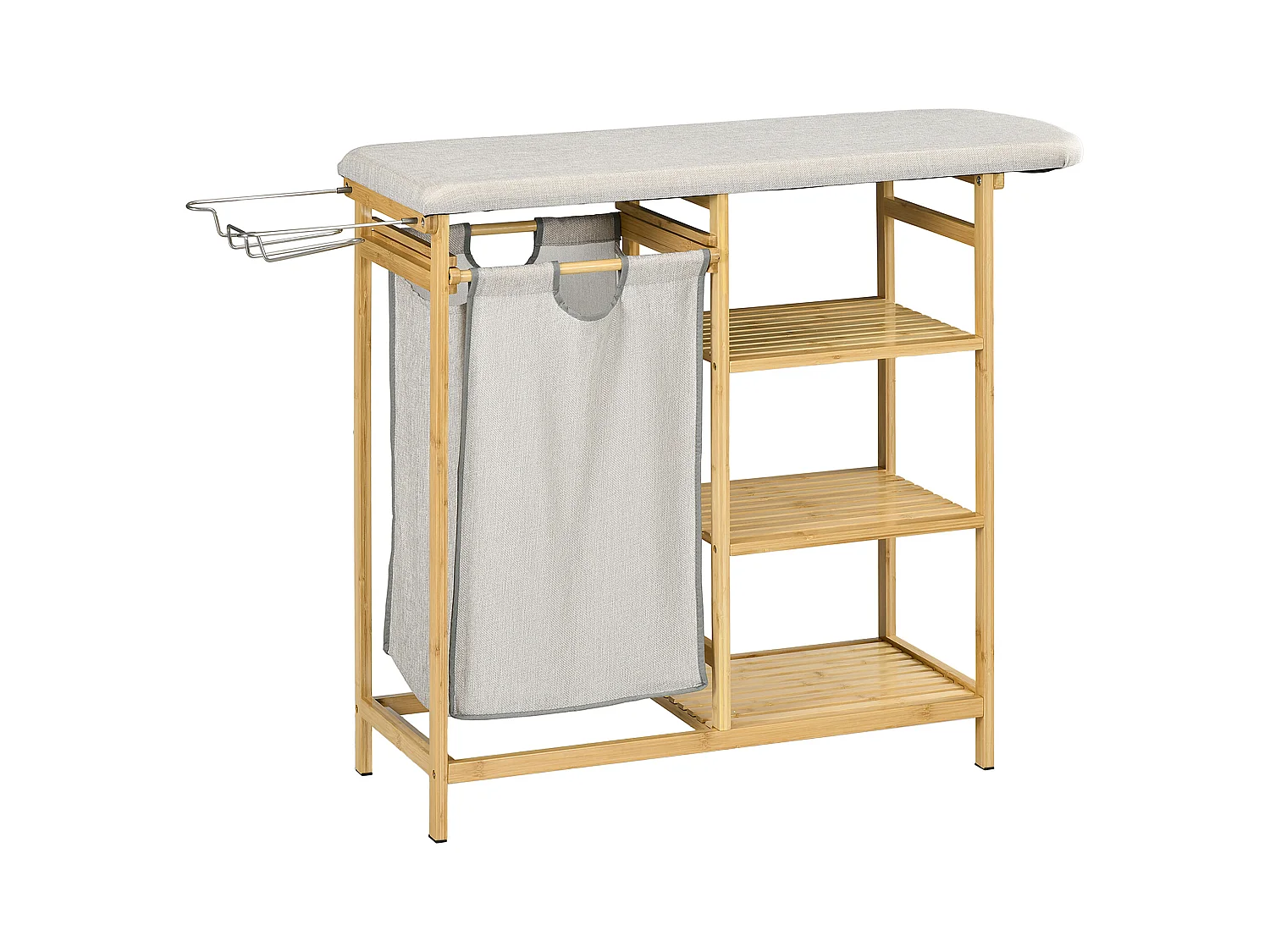 Panier à Linge avec Planche à Repasser, 57.4L, avec Étagère à 3 Niveaux, Bambou Naturel (113x34x82 cm)