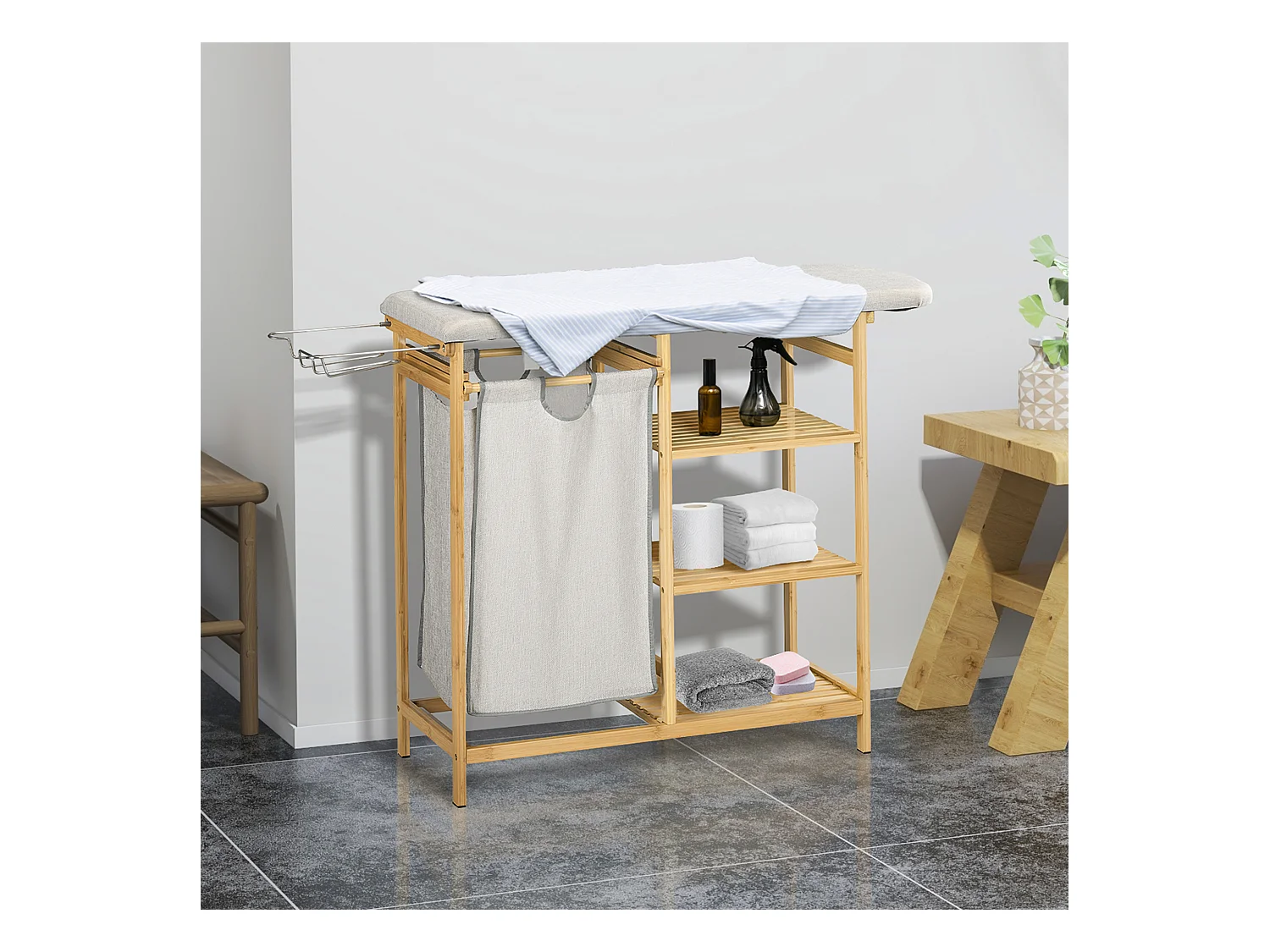 Panier à Linge avec Planche à Repasser, 57.4L, avec Étagère à 3 Niveaux, Bambou Naturel (113x34x82 cm)