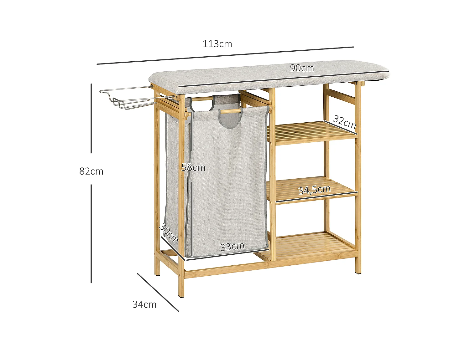 Panier à Linge avec Planche à Repasser, 57.4L, avec Étagère à 3 Niveaux, Bambou Naturel (113x34x82 cm)