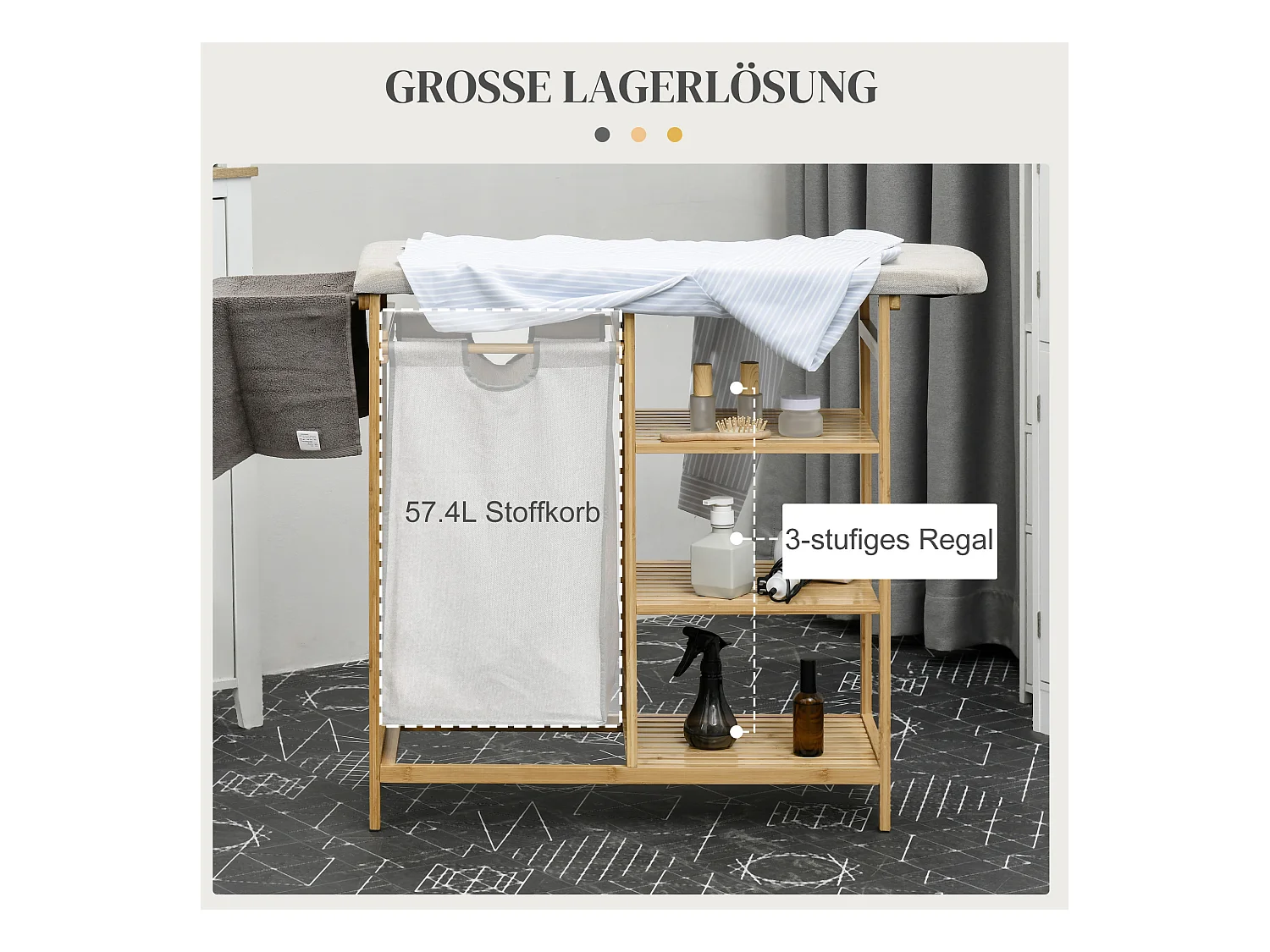 Panier à Linge avec Planche à Repasser, 57.4L, avec Étagère à 3 Niveaux, Bambou Naturel (113x34x82 cm)