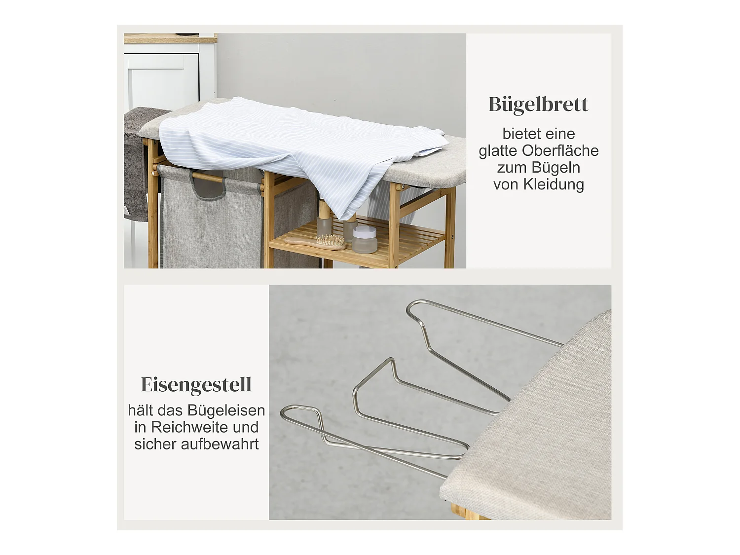 Panier à Linge avec Planche à Repasser, 57.4L, avec Étagère à 3 Niveaux, Bambou Naturel (113x34x82 cm)