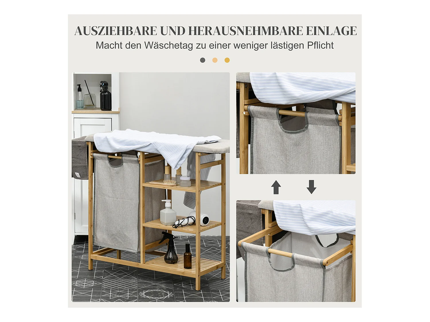 Panier à Linge avec Planche à Repasser, 57.4L, avec Étagère à 3 Niveaux, Bambou Naturel (113x34x82 cm)