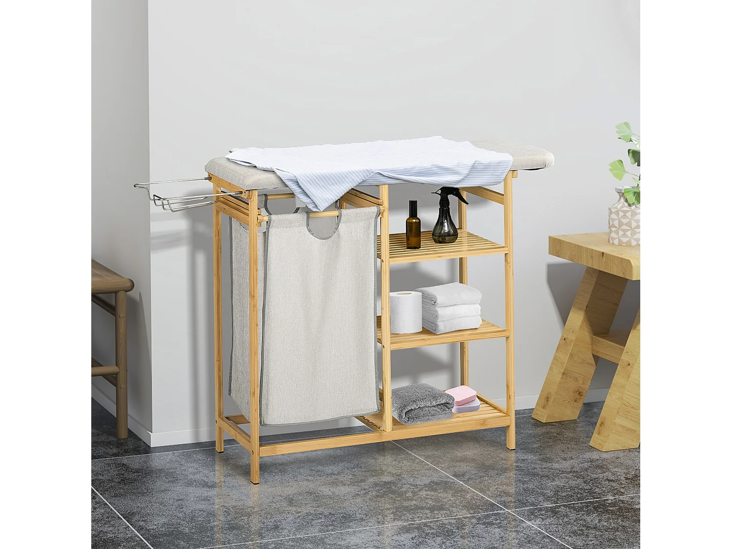 Panier à Linge avec Planche à Repasser, 57.4L, avec Étagère à 3 Niveaux, Bambou Naturel (113x34x82 cm)