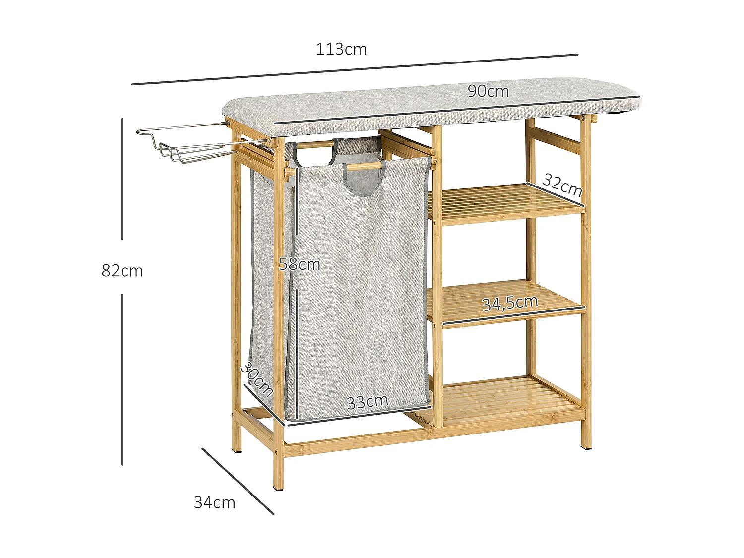 Panier à Linge avec Planche à Repasser, 57.4L, avec Étagère à 3 Niveaux, Bambou Naturel (113x34x82 cm)