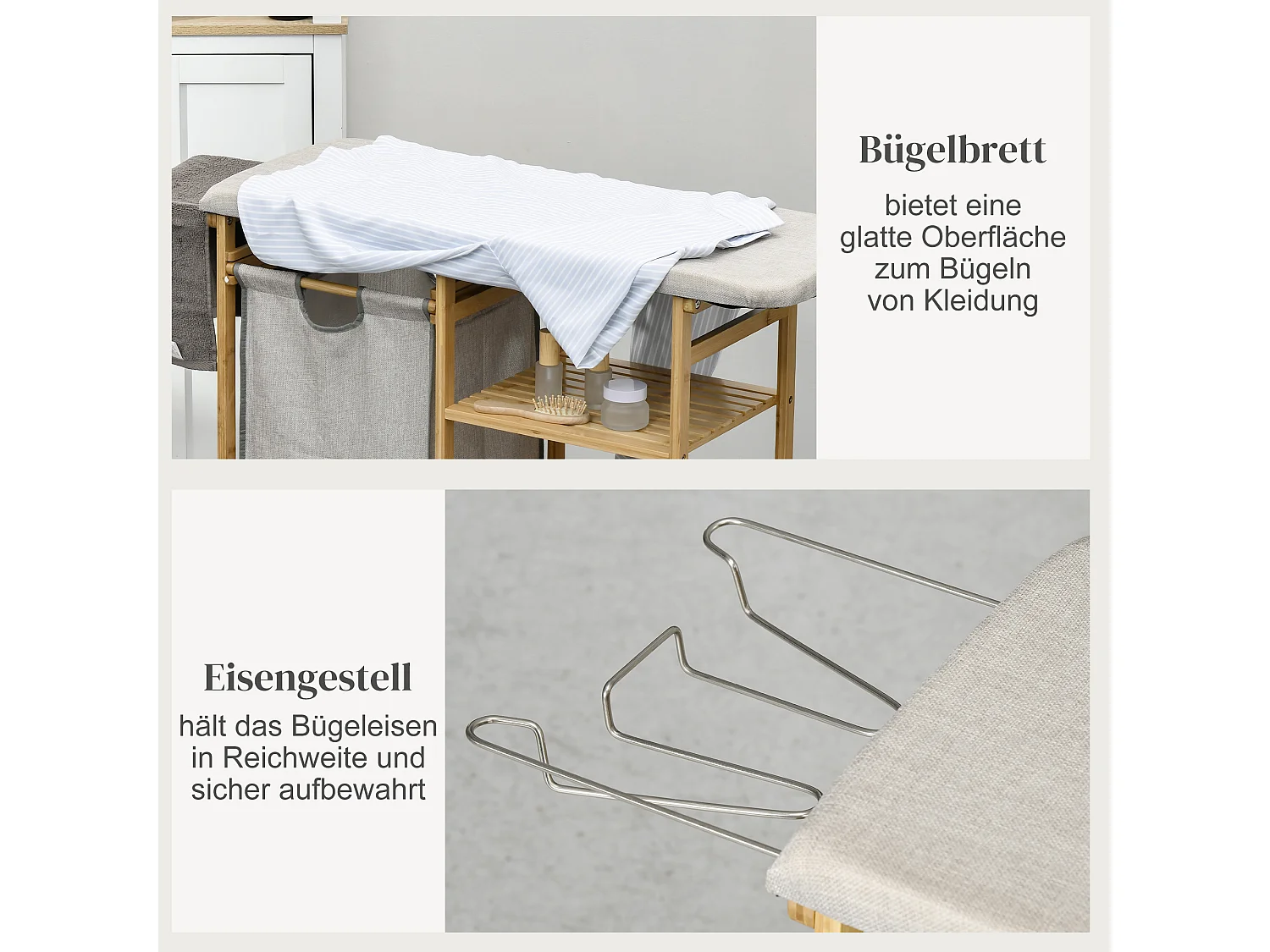 Panier à Linge avec Planche à Repasser, 57.4L, avec Étagère à 3 Niveaux, Bambou Naturel (113x34x82 cm)