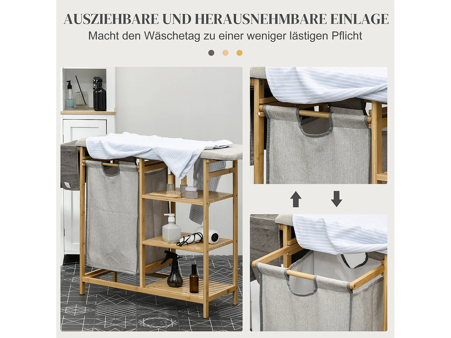 Panier à Linge avec Planche à Repasser, 57.4L, avec Étagère à 3 Niveaux, Bambou Naturel (113x34x82 cm)