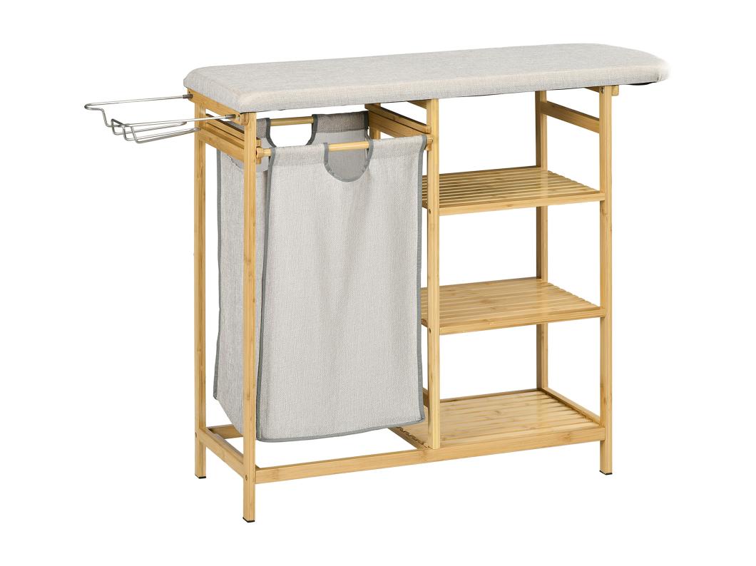 Wasmand met strijkplank, 57,4 l, met 3-laags plank, natuurlijk bamboe (113 x 34 x 82 cm)