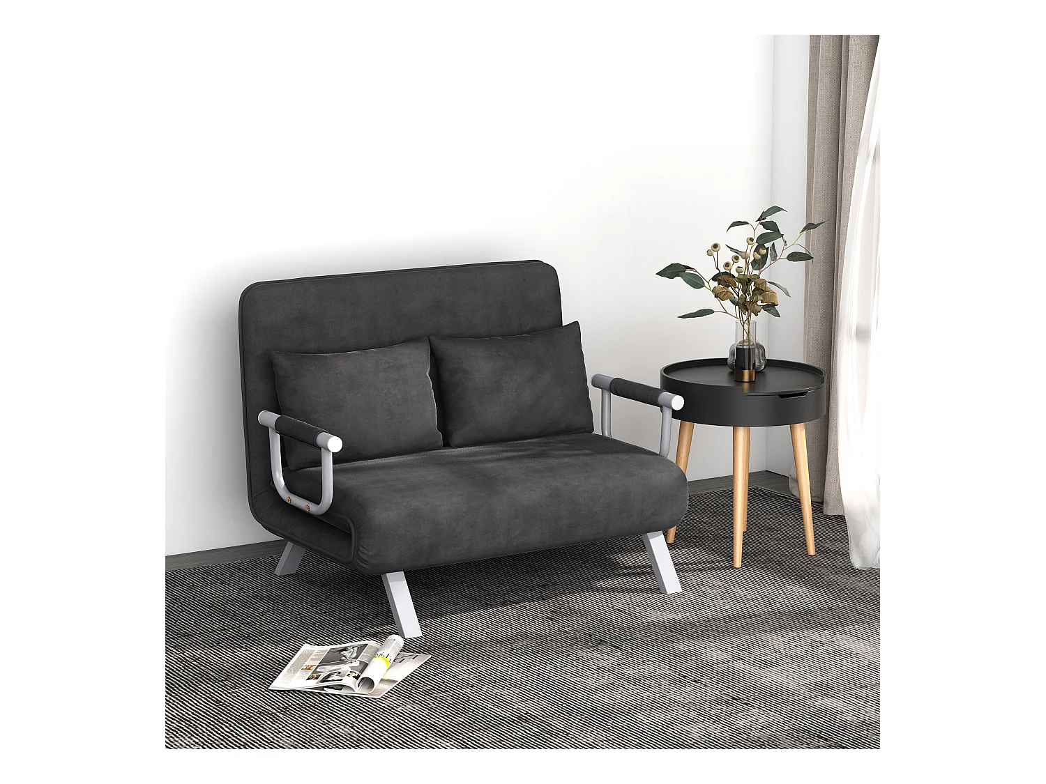 Canapé convertible 2 places avec accoudoirs, 3-en-1, fonction lit, matelas pliant, simili cuir, gris (111x80x78 cm)