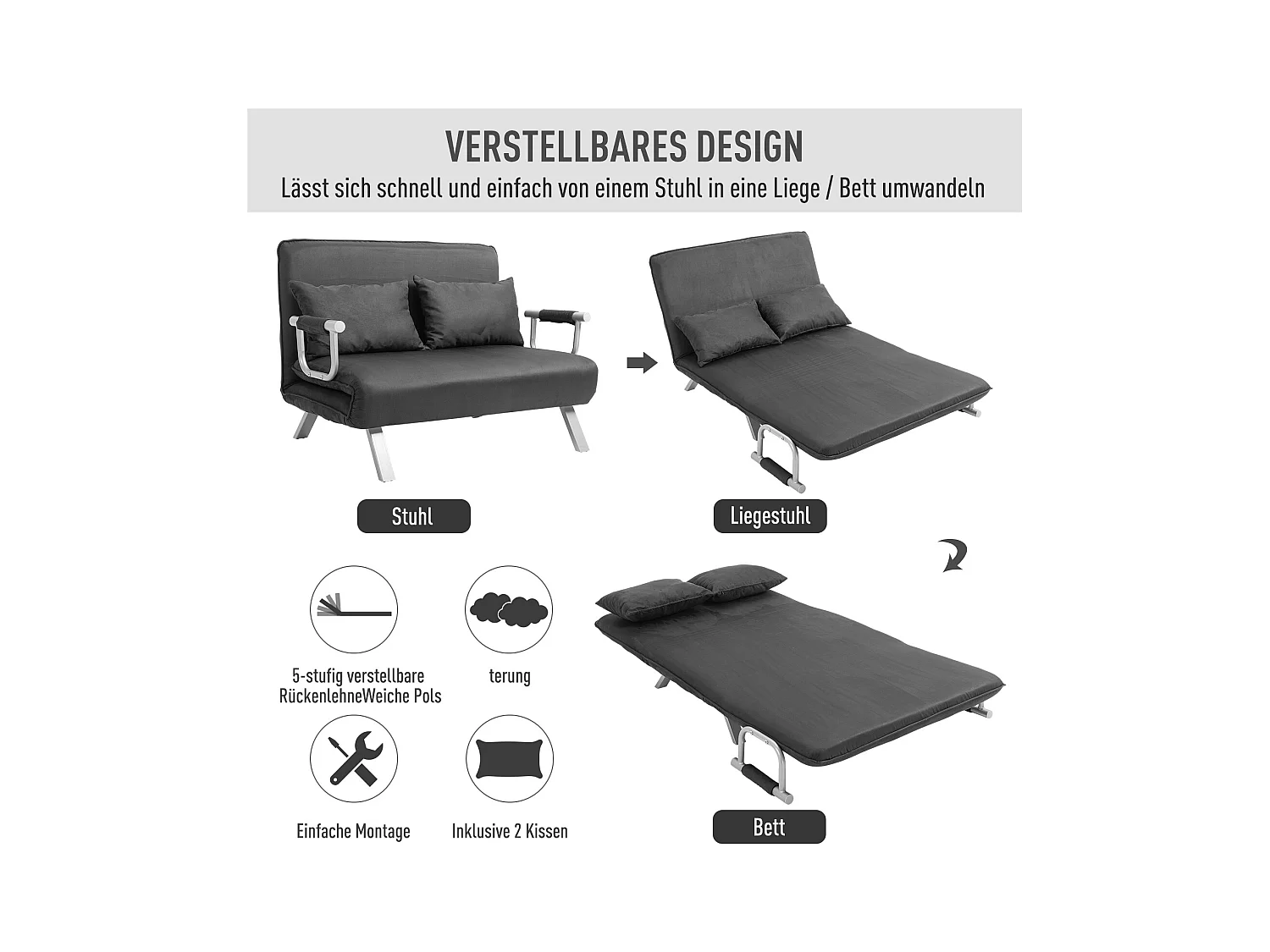 Canapé convertible 2 places avec accoudoirs, 3-en-1, fonction lit, matelas pliant, simili cuir, gris (111x80x78 cm)