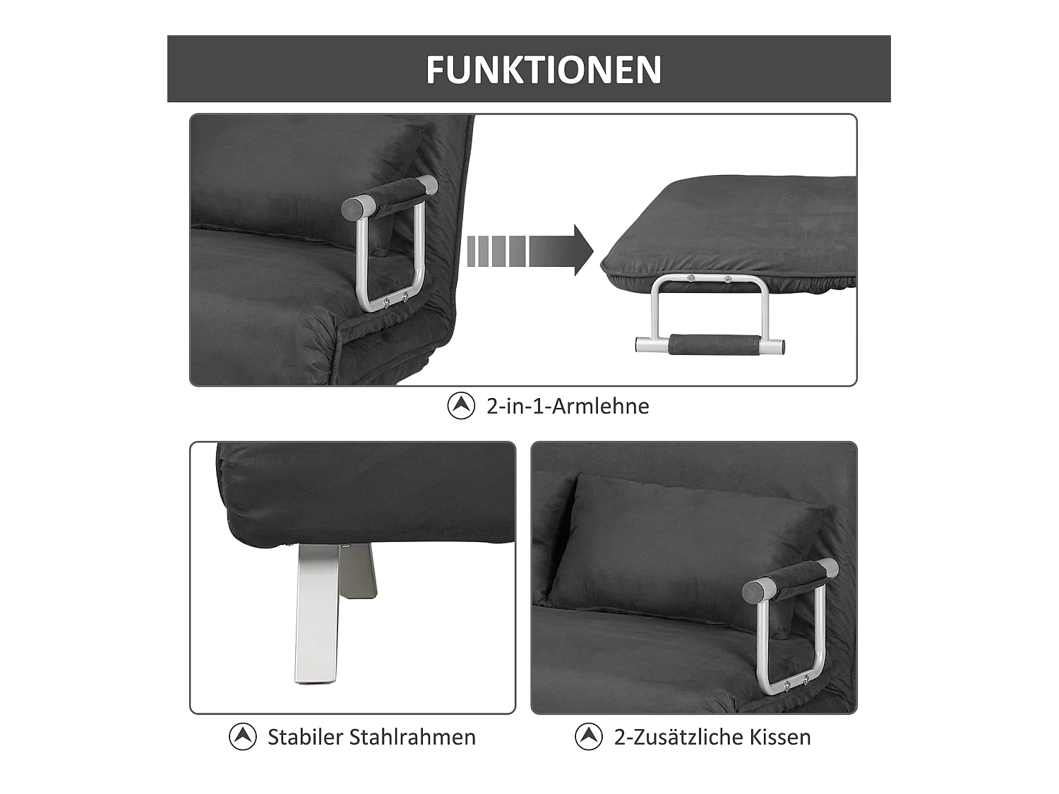 Canapé convertible 2 places avec accoudoirs, 3-en-1, fonction lit, matelas pliant, simili cuir, gris (111x80x78 cm)