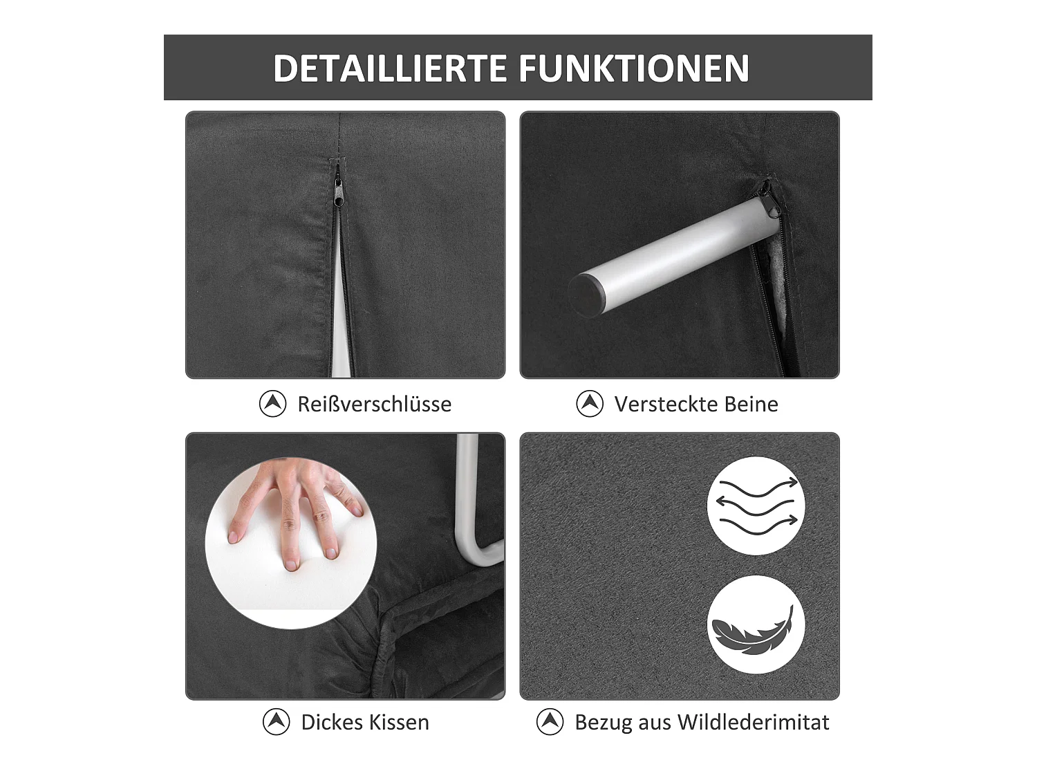 Canapé convertible 2 places avec accoudoirs, 3-en-1, fonction lit, matelas pliant, simili cuir, gris (111x80x78 cm)