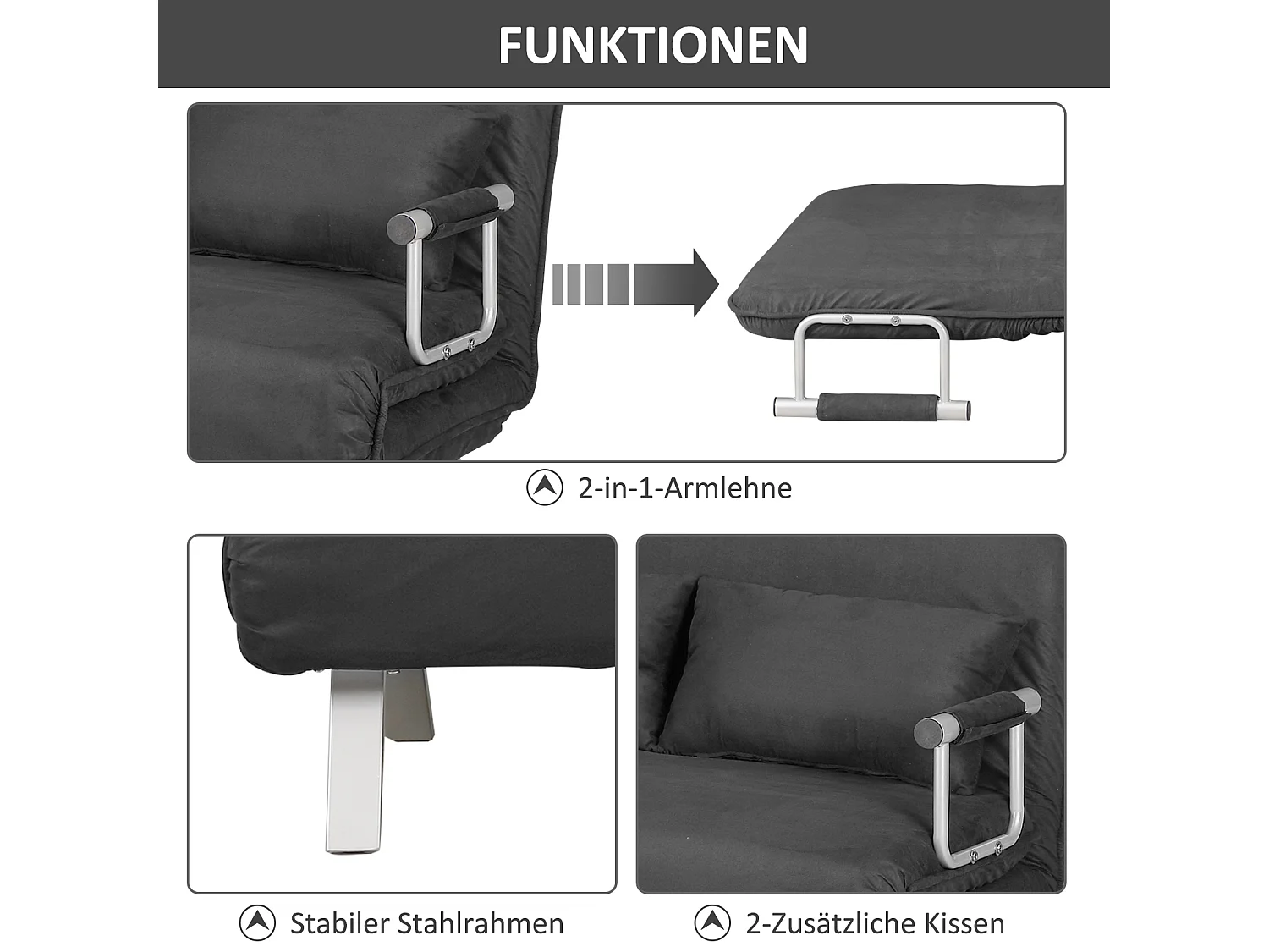 Canapé convertible 2 places avec accoudoirs, 3-en-1, fonction lit, matelas pliant, simili cuir, gris (111x80x78 cm)